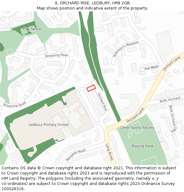 9, ORCHARD RISE, LEDBURY, HR8 2GB: Location map and indicative extent of plot