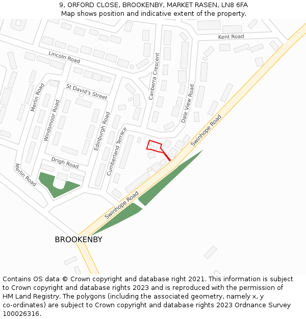 9, ORFORD CLOSE, BROOKENBY, MARKET RASEN, LN8 6FA: Location map and indicative extent of plot
