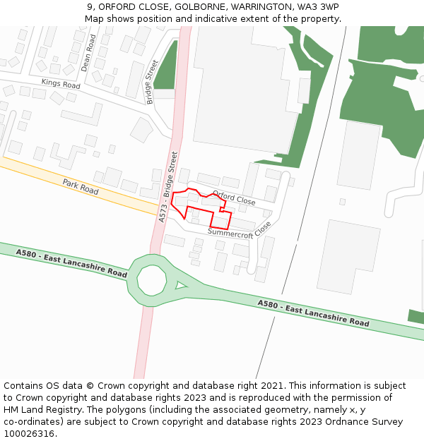 9, ORFORD CLOSE, GOLBORNE, WARRINGTON, WA3 3WP: Location map and indicative extent of plot