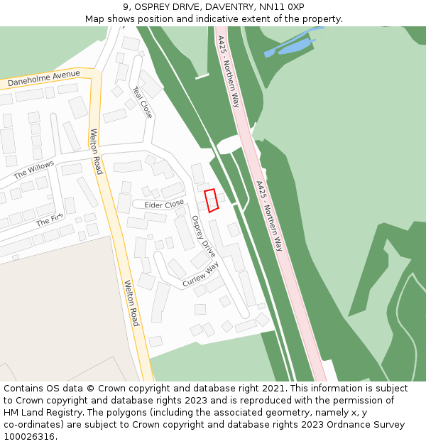 9, OSPREY DRIVE, DAVENTRY, NN11 0XP: Location map and indicative extent of plot