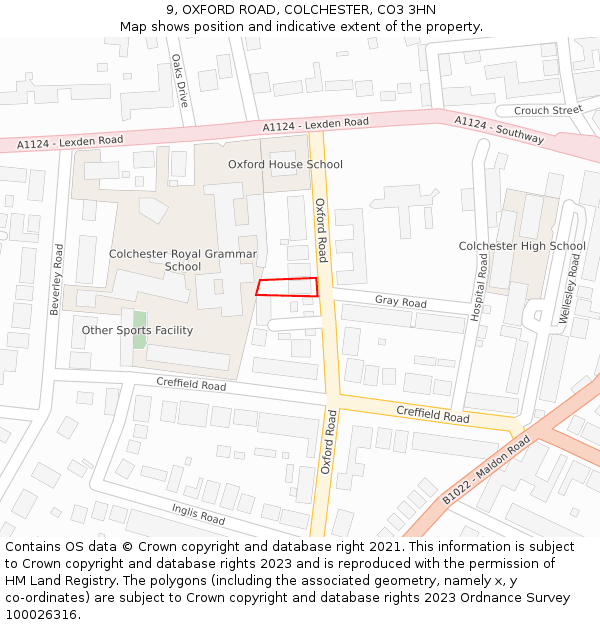 9, OXFORD ROAD, COLCHESTER, CO3 3HN: Location map and indicative extent of plot