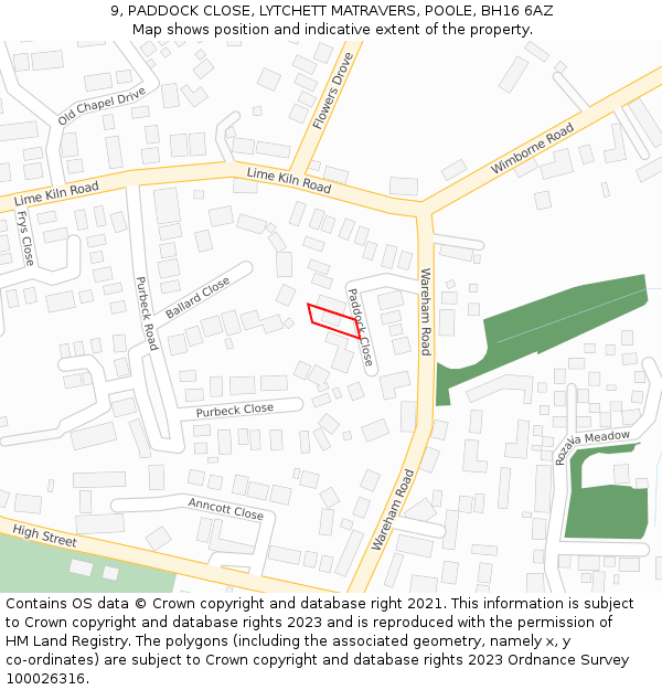 9, PADDOCK CLOSE, LYTCHETT MATRAVERS, POOLE, BH16 6AZ: Location map and indicative extent of plot