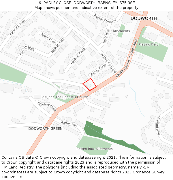 9, PADLEY CLOSE, DODWORTH, BARNSLEY, S75 3SE: Location map and indicative extent of plot