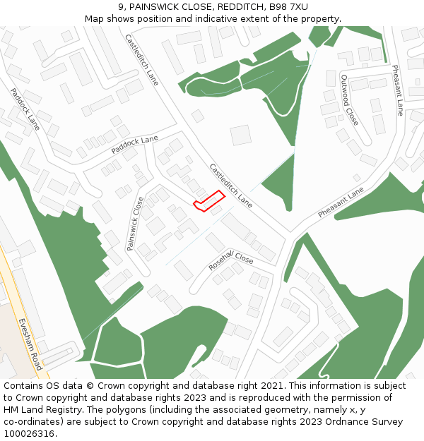 9, PAINSWICK CLOSE, REDDITCH, B98 7XU: Location map and indicative extent of plot