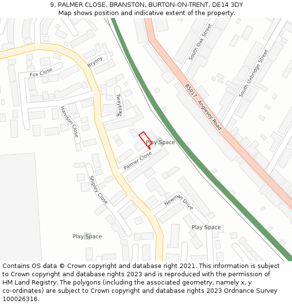 9, PALMER CLOSE, BRANSTON, BURTON-ON-TRENT, DE14 3DY: Location map and indicative extent of plot