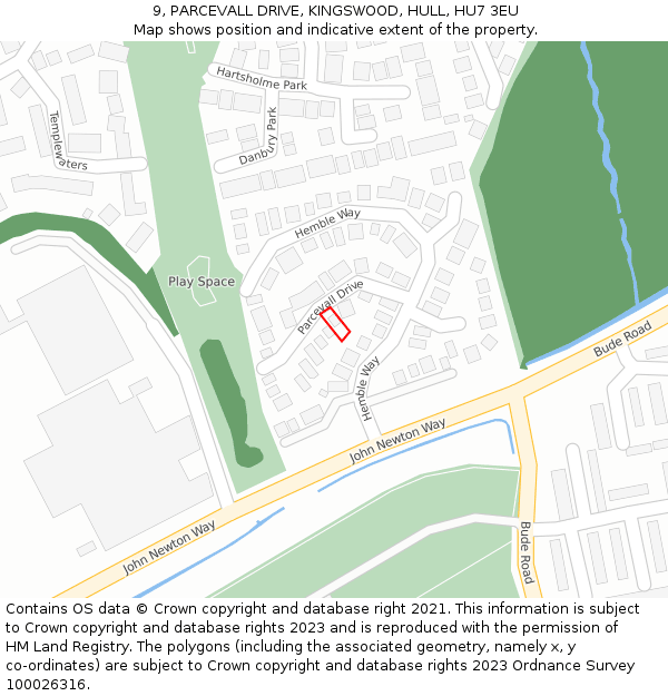 9, PARCEVALL DRIVE, KINGSWOOD, HULL, HU7 3EU: Location map and indicative extent of plot