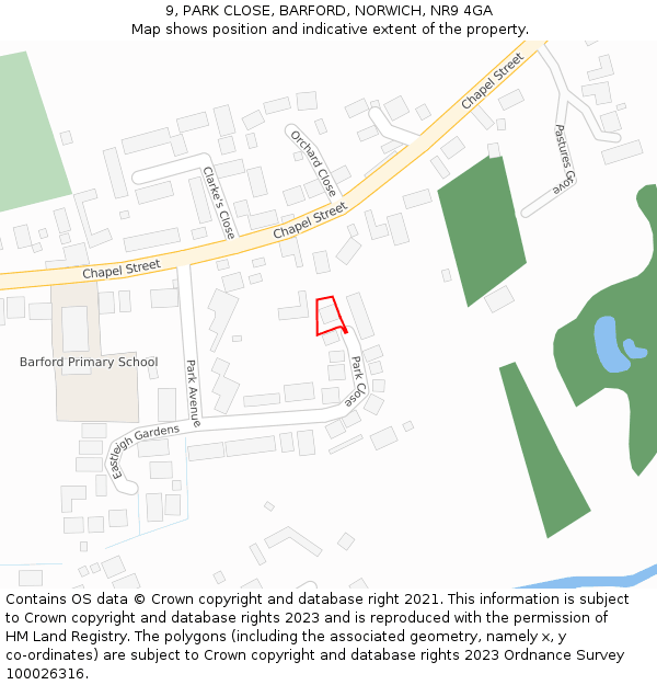 9, PARK CLOSE, BARFORD, NORWICH, NR9 4GA: Location map and indicative extent of plot
