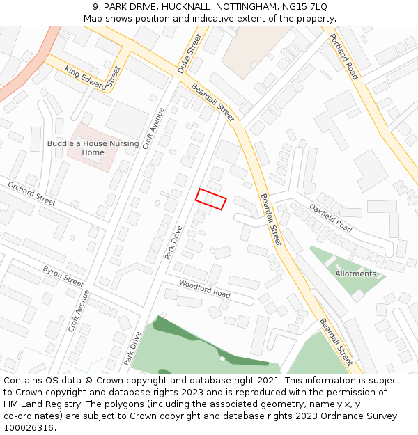 9, PARK DRIVE, HUCKNALL, NOTTINGHAM, NG15 7LQ: Location map and indicative extent of plot