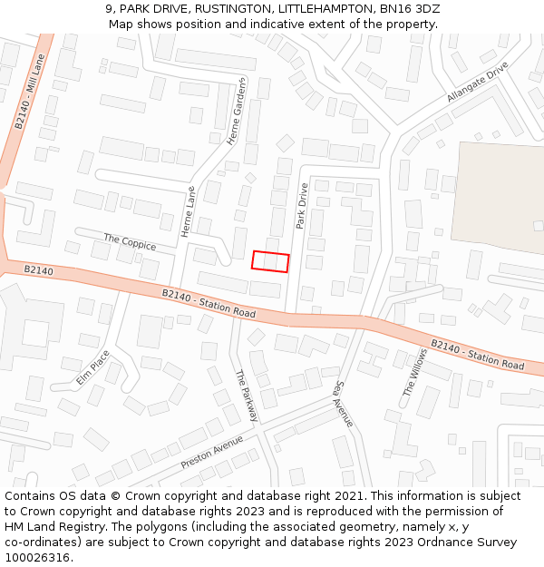 9, PARK DRIVE, RUSTINGTON, LITTLEHAMPTON, BN16 3DZ: Location map and indicative extent of plot
