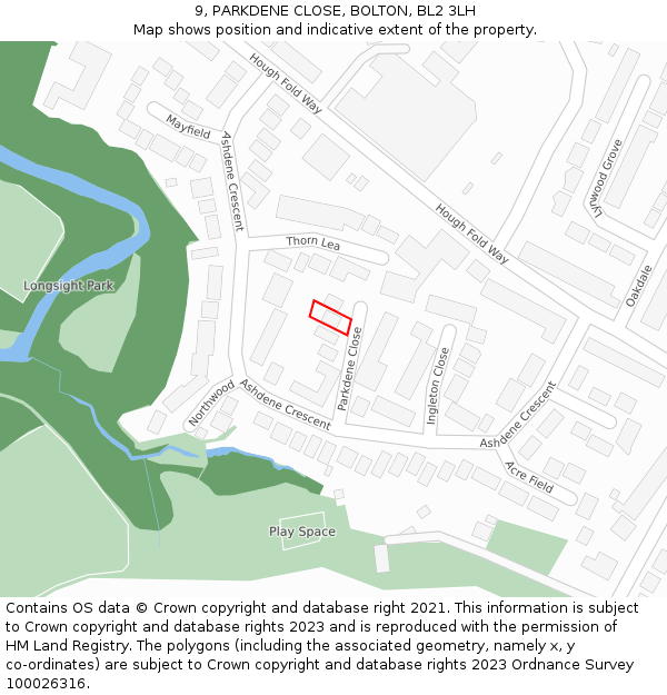 9, PARKDENE CLOSE, BOLTON, BL2 3LH: Location map and indicative extent of plot