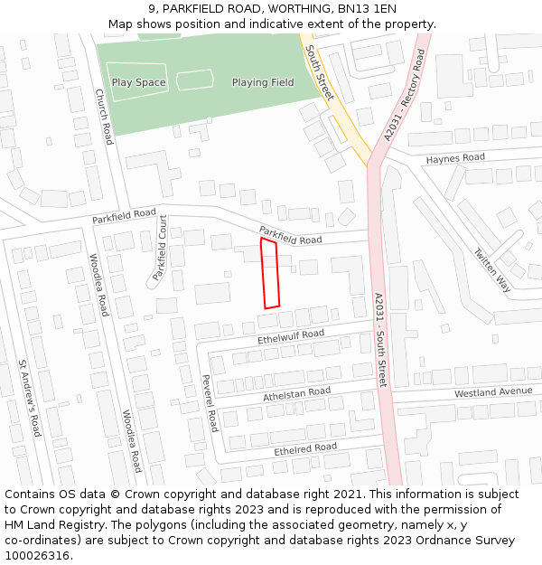 9, PARKFIELD ROAD, WORTHING, BN13 1EN: Location map and indicative extent of plot