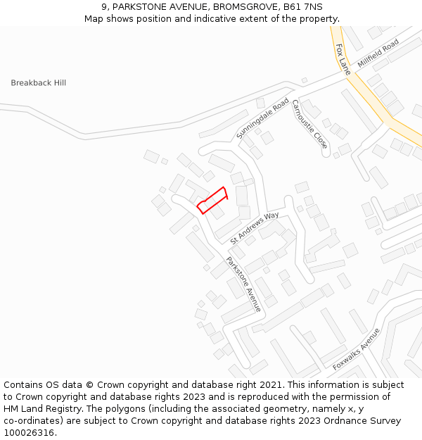 9, PARKSTONE AVENUE, BROMSGROVE, B61 7NS: Location map and indicative extent of plot