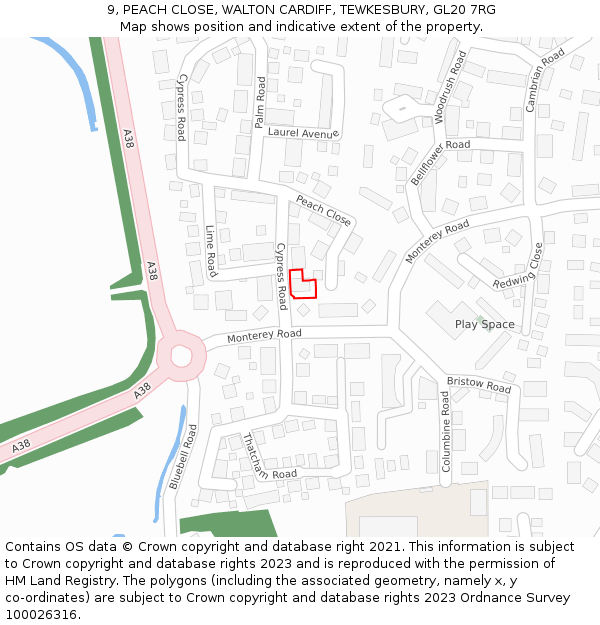 9, PEACH CLOSE, WALTON CARDIFF, TEWKESBURY, GL20 7RG: Location map and indicative extent of plot