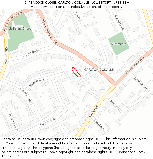 9, PEACOCK CLOSE, CARLTON COLVILLE, LOWESTOFT, NR33 8BH: Location map and indicative extent of plot