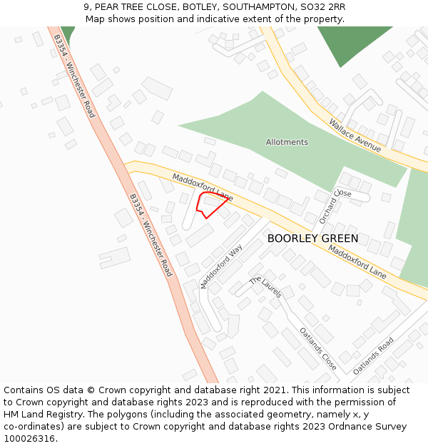 9, PEAR TREE CLOSE, BOTLEY, SOUTHAMPTON, SO32 2RR: Location map and indicative extent of plot