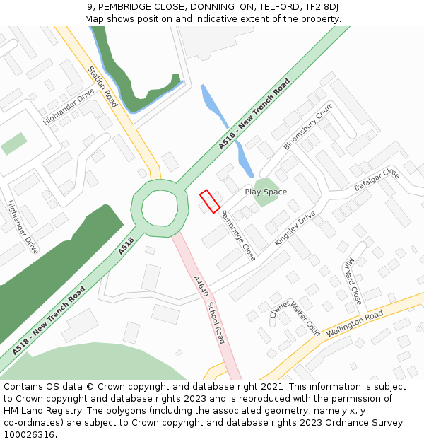 9, PEMBRIDGE CLOSE, DONNINGTON, TELFORD, TF2 8DJ: Location map and indicative extent of plot