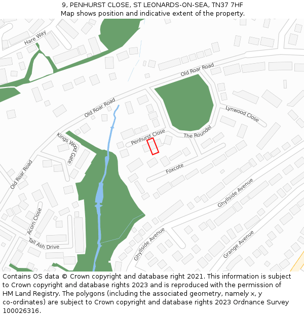 9, PENHURST CLOSE, ST LEONARDS-ON-SEA, TN37 7HF: Location map and indicative extent of plot