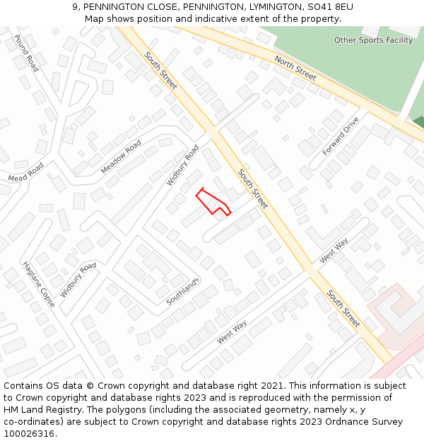 9, PENNINGTON CLOSE, PENNINGTON, LYMINGTON, SO41 8EU: Location map and indicative extent of plot