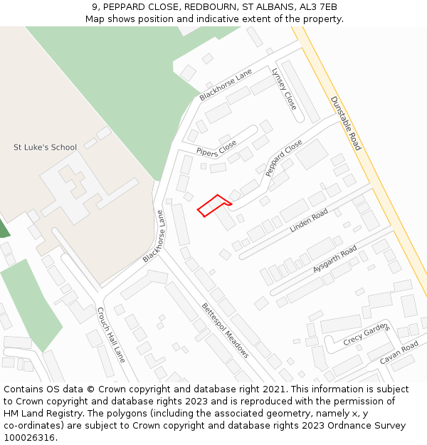 9, PEPPARD CLOSE, REDBOURN, ST ALBANS, AL3 7EB: Location map and indicative extent of plot