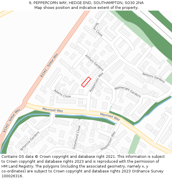 9, PEPPERCORN WAY, HEDGE END, SOUTHAMPTON, SO30 2NA: Location map and indicative extent of plot