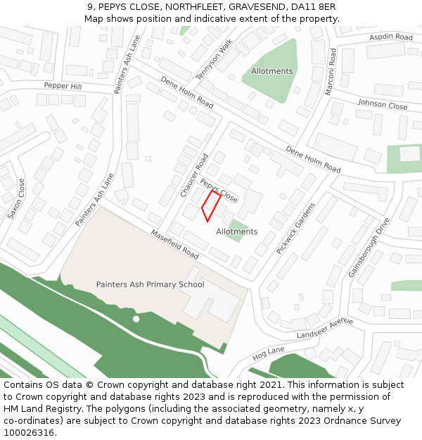 9, PEPYS CLOSE, NORTHFLEET, GRAVESEND, DA11 8ER: Location map and indicative extent of plot