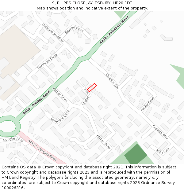 9, PHIPPS CLOSE, AYLESBURY, HP20 1DT: Location map and indicative extent of plot
