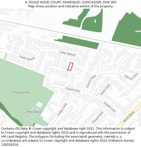 9, PICKLE WOOD COURT, FINNINGLEY, DONCASTER, DN9 3RG: Location map and indicative extent of plot