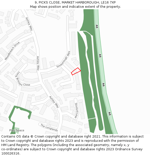 9, PICKS CLOSE, MARKET HARBOROUGH, LE16 7XP: Location map and indicative extent of plot