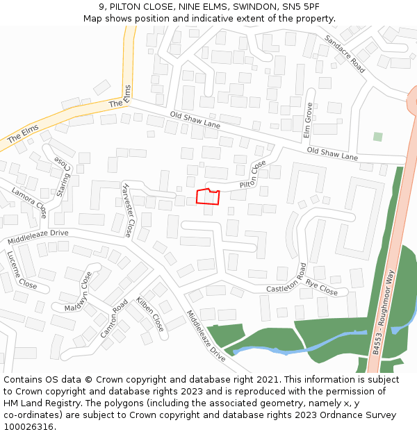 9, PILTON CLOSE, NINE ELMS, SWINDON, SN5 5PF: Location map and indicative extent of plot