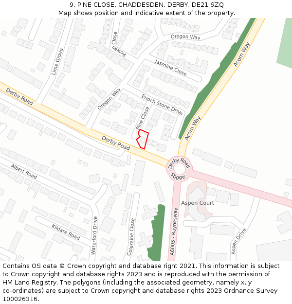 9, PINE CLOSE, CHADDESDEN, DERBY, DE21 6ZQ: Location map and indicative extent of plot