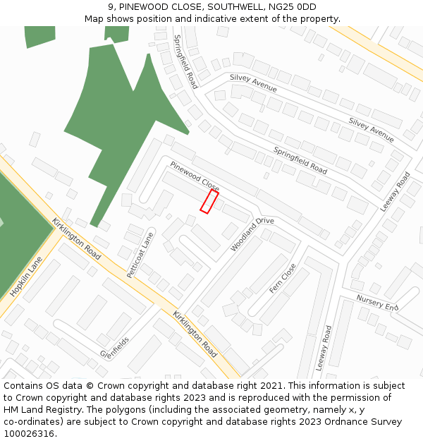 9, PINEWOOD CLOSE, SOUTHWELL, NG25 0DD: Location map and indicative extent of plot