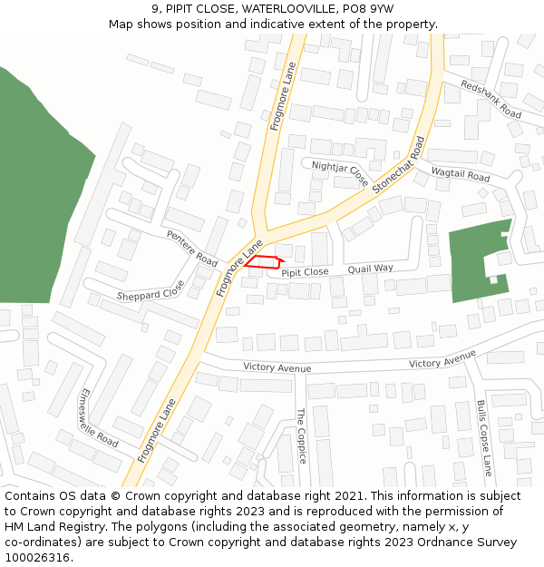 9, PIPIT CLOSE, WATERLOOVILLE, PO8 9YW: Location map and indicative extent of plot