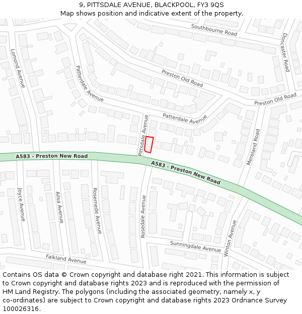 9, PITTSDALE AVENUE, BLACKPOOL, FY3 9QS: Location map and indicative extent of plot