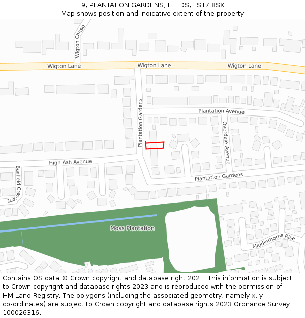 9, PLANTATION GARDENS, LEEDS, LS17 8SX: Location map and indicative extent of plot
