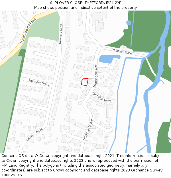 9, PLOVER CLOSE, THETFORD, IP24 2YP: Location map and indicative extent of plot