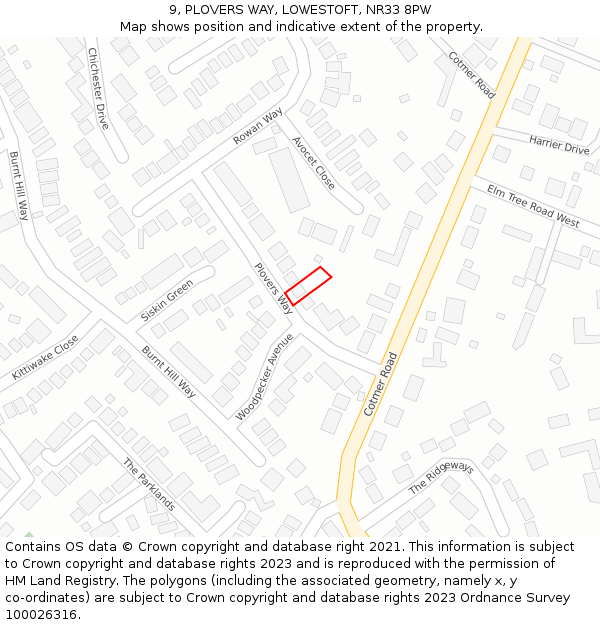 9, PLOVERS WAY, LOWESTOFT, NR33 8PW: Location map and indicative extent of plot