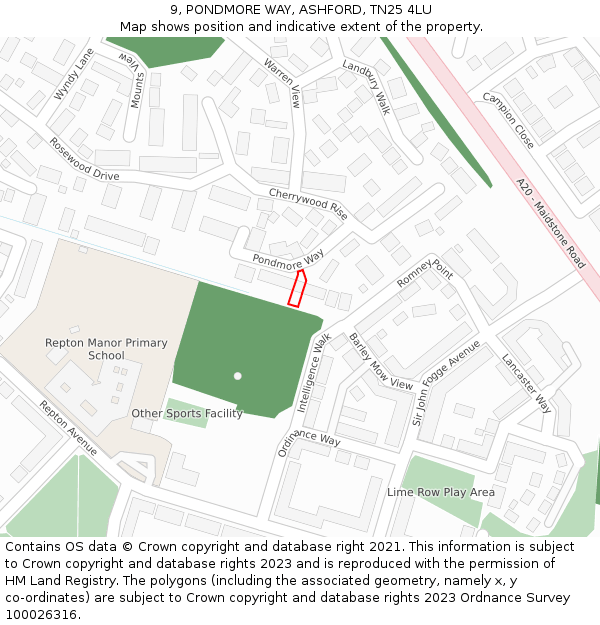 9, PONDMORE WAY, ASHFORD, TN25 4LU: Location map and indicative extent of plot