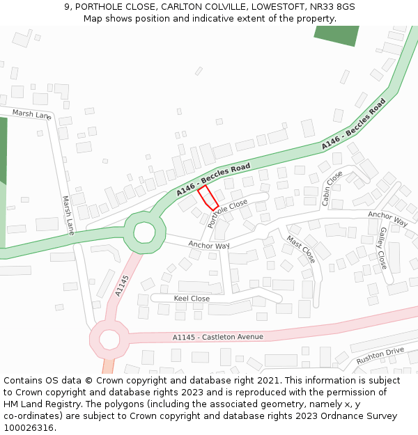 9, PORTHOLE CLOSE, CARLTON COLVILLE, LOWESTOFT, NR33 8GS: Location map and indicative extent of plot