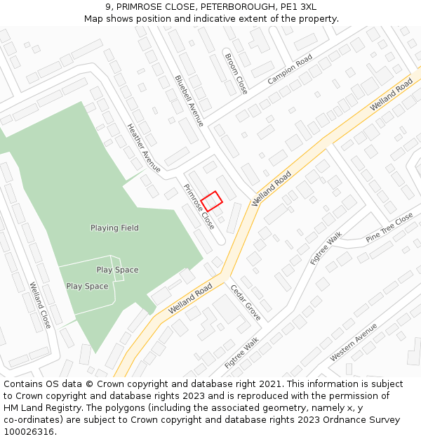 9, PRIMROSE CLOSE, PETERBOROUGH, PE1 3XL: Location map and indicative extent of plot