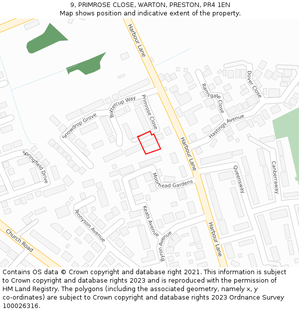 9, PRIMROSE CLOSE, WARTON, PRESTON, PR4 1EN: Location map and indicative extent of plot