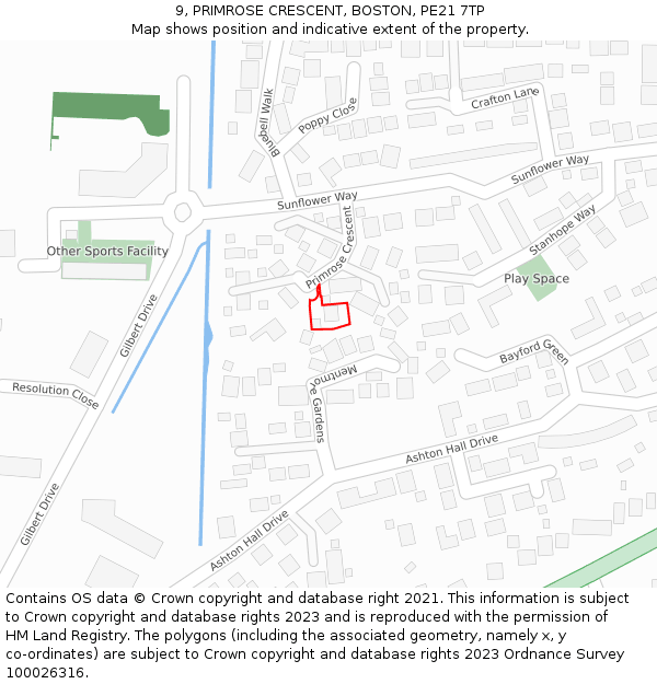 9, PRIMROSE CRESCENT, BOSTON, PE21 7TP: Location map and indicative extent of plot