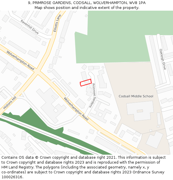 9, PRIMROSE GARDENS, CODSALL, WOLVERHAMPTON, WV8 1PA: Location map and indicative extent of plot