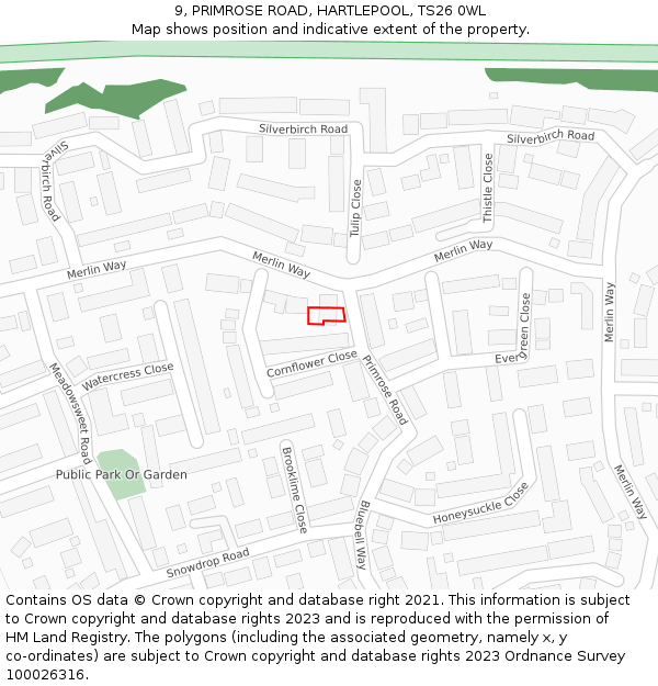 9, PRIMROSE ROAD, HARTLEPOOL, TS26 0WL: Location map and indicative extent of plot