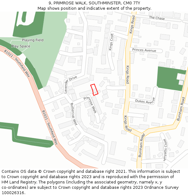 9, PRIMROSE WALK, SOUTHMINSTER, CM0 7TY: Location map and indicative extent of plot