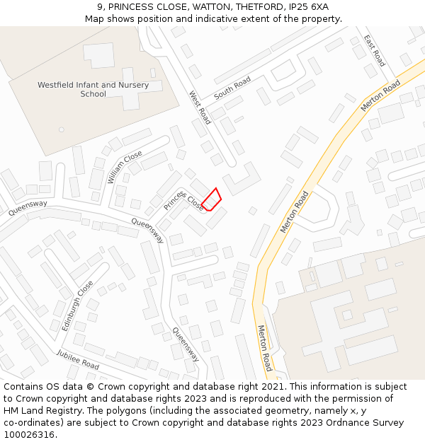 9, PRINCESS CLOSE, WATTON, THETFORD, IP25 6XA: Location map and indicative extent of plot