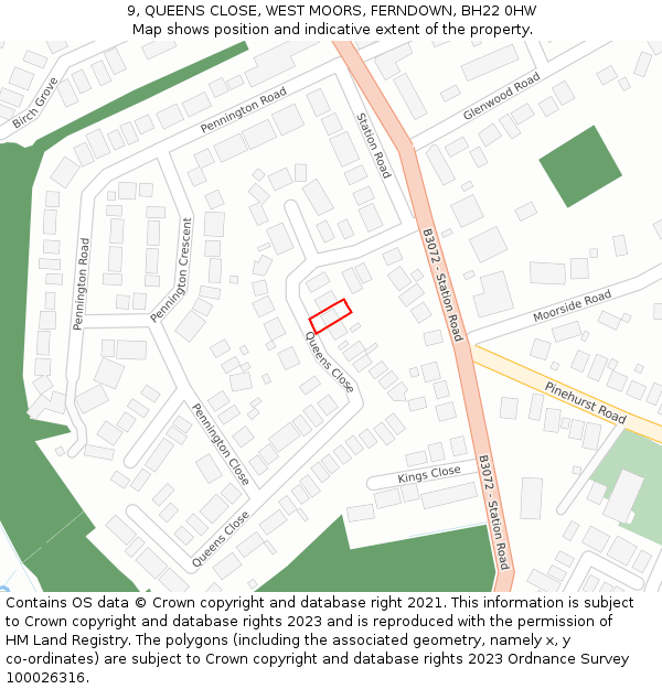 9, QUEENS CLOSE, WEST MOORS, FERNDOWN, BH22 0HW: Location map and indicative extent of plot
