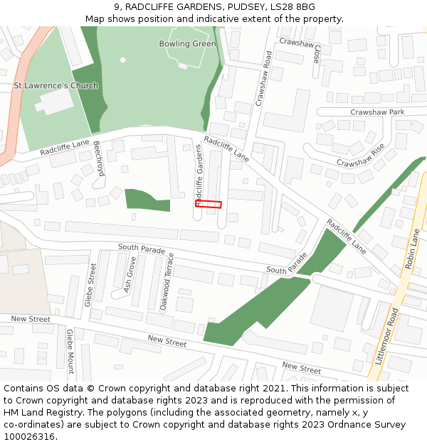 9, RADCLIFFE GARDENS, PUDSEY, LS28 8BG: Location map and indicative extent of plot