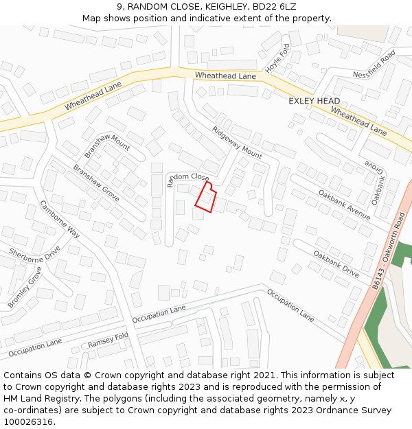 9, RANDOM CLOSE, KEIGHLEY, BD22 6LZ: Location map and indicative extent of plot
