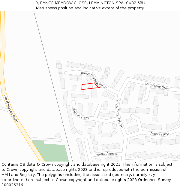 9, RANGE MEADOW CLOSE, LEAMINGTON SPA, CV32 6RU: Location map and indicative extent of plot