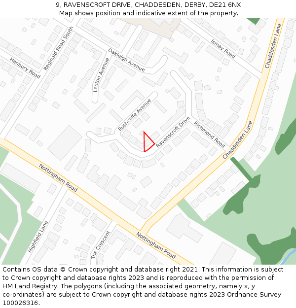 9, RAVENSCROFT DRIVE, CHADDESDEN, DERBY, DE21 6NX: Location map and indicative extent of plot